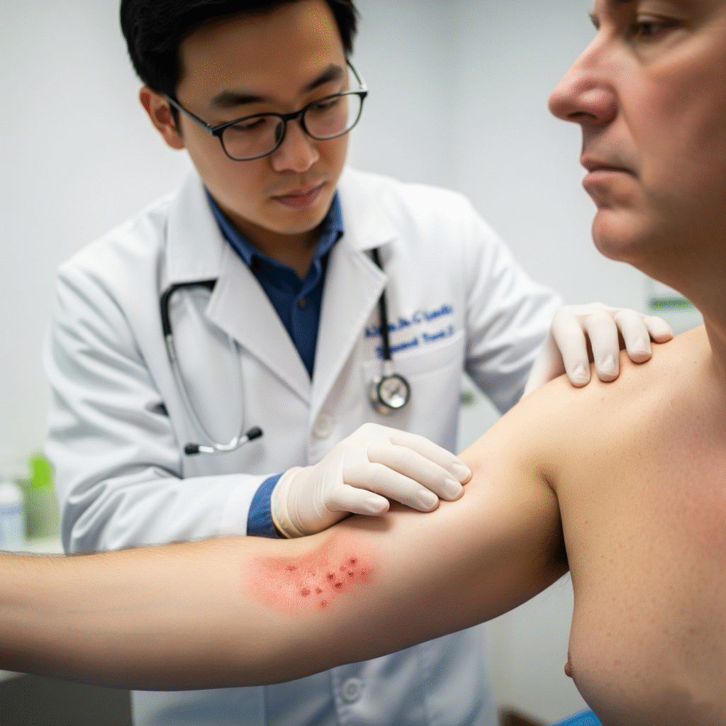 A doctor examines his patient who has symptoms of Alpha Gal Syndrome