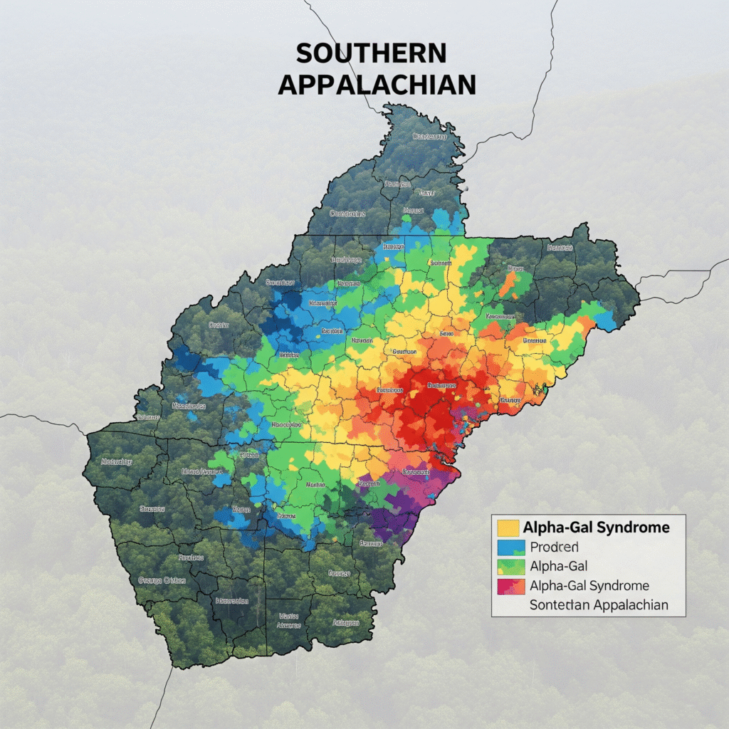 a map of southern Appalachia Region and prevalence of Alpha Gal Cases.