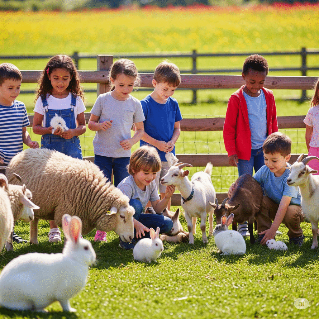 Children enjoying the animals in a petting farm.