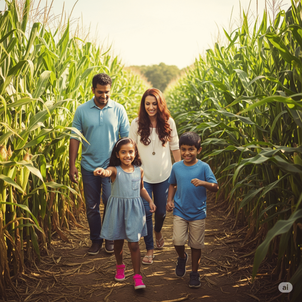 A family working their way through a corn maze.