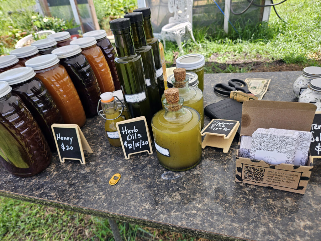 Herb Oils, Honey, and Herb Salts offered for sale at Spade and Spoon Farm