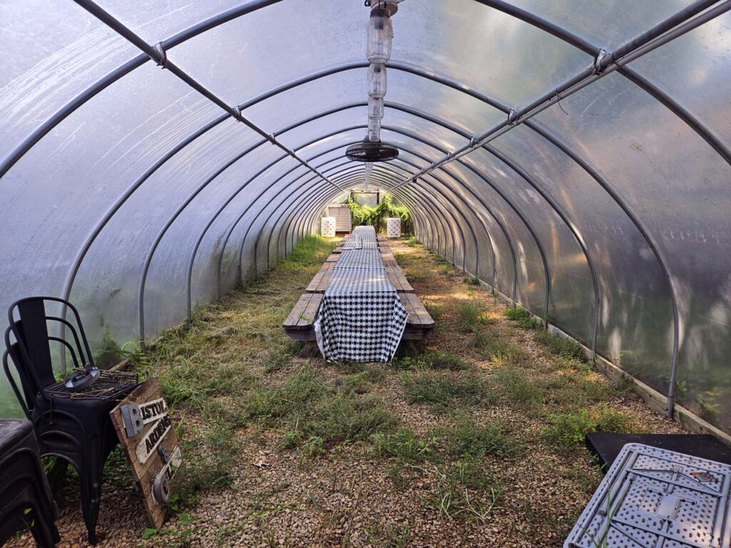 Long communal tables in the Dining Greenhouse