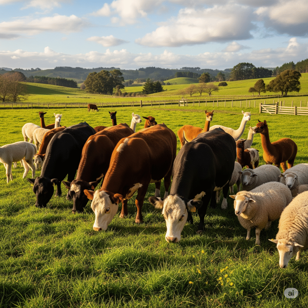 Illustration of Beef Cattle, Alpacas, and Sheep being raised together.