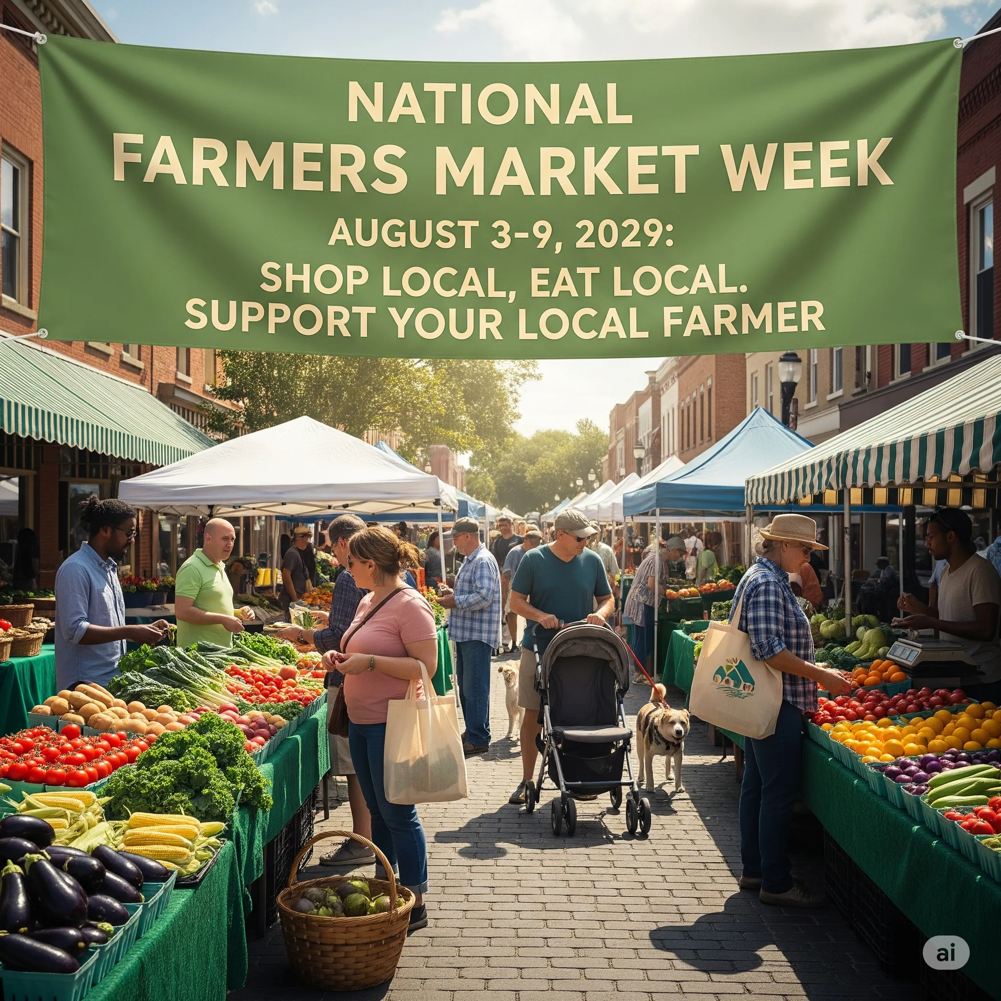 Illustration of a Farmers Market with a banner announcing National Farmers Market Week