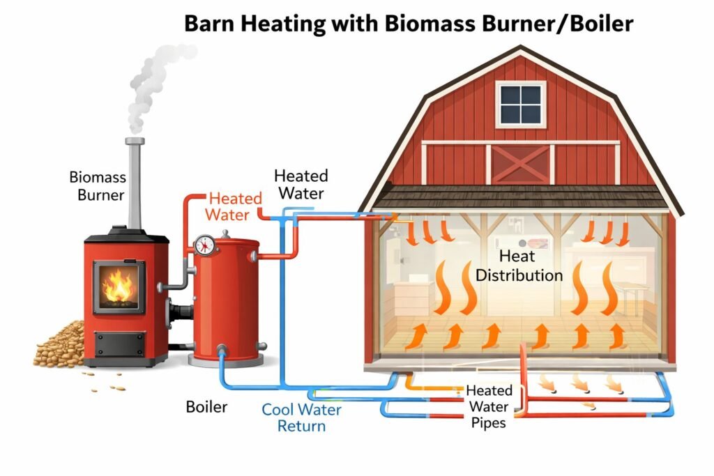 Diagram of how a Biomass Burner/Boiler can heat a barn