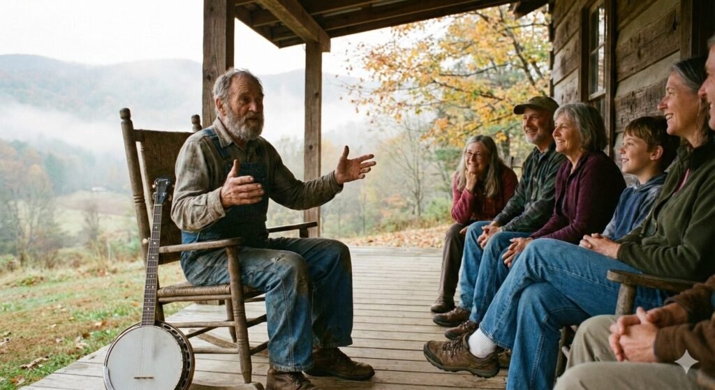 Family sits on the porch listening to tall tales