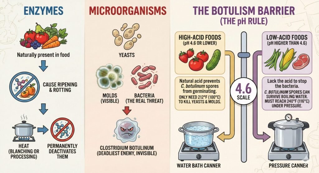 Canning kills Enzymes and Microorganism