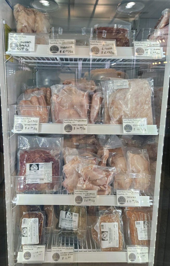 Chicken from Land Basket Farm in Russellville, TN and Sausages from Bethel Trails Farm in Gray Court, SC