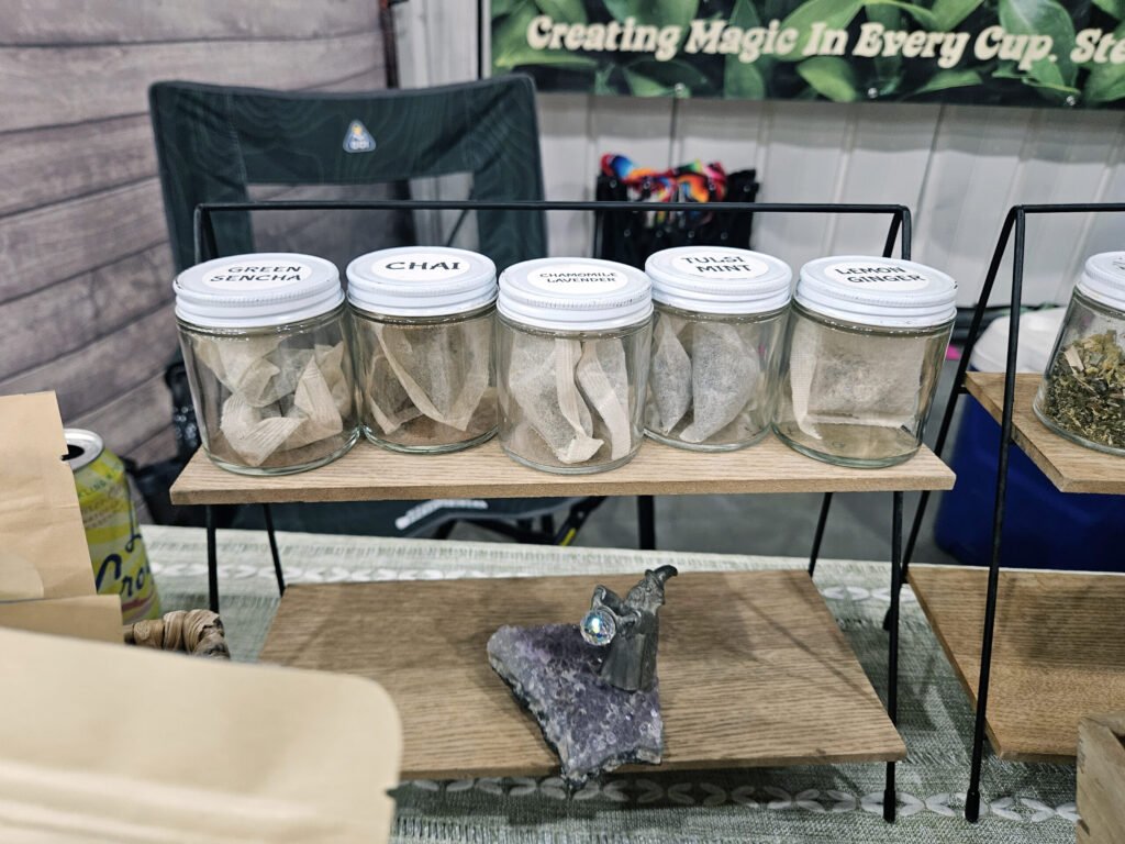 Green Sencha, Chai, Chamomile lavender, Tulsi Mint, and Lemon Ginger Tea Blends