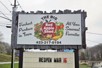 Big Red Apple Shed Grand Opening Sign