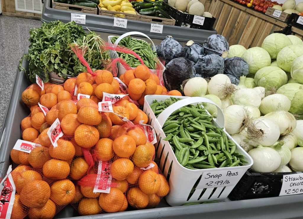 Bright Oranges, Snap Peas, Onions, Cabbages