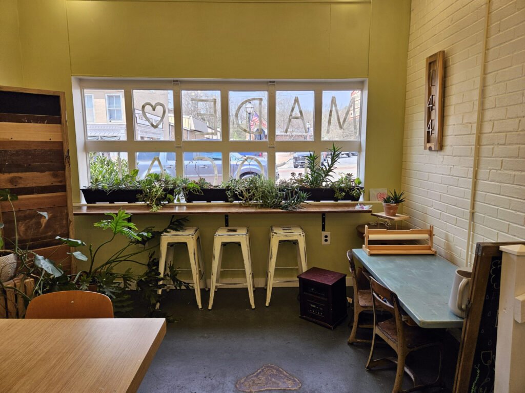The room where workshops are held showing stools and a children's art table