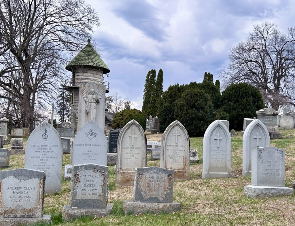 Graves with the tower in the background