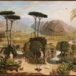 A wide, pastoral painting of a tropical valley with a winding river, tall umbrella-like trees, mountains in the distance, and a central garden surrounded by many animals and birds.