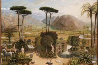 A wide, pastoral painting of a tropical valley with a winding river, tall umbrella-like trees, mountains in the distance, and a central garden surrounded by many animals and birds.