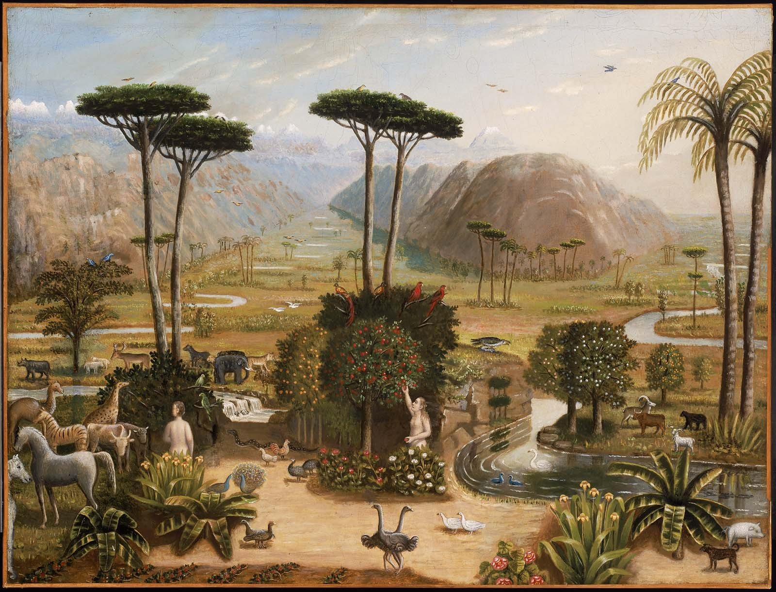A wide, pastoral painting of a tropical valley with a winding river, tall umbrella-like trees, mountains in the distance, and a central garden surrounded by many animals and birds.