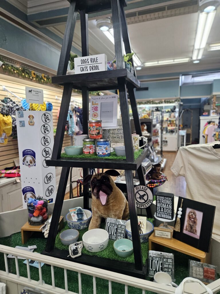 Tiered display of dog-themed pet goods in a store, with a sign reading'Dogs Rule Cats Drool'.