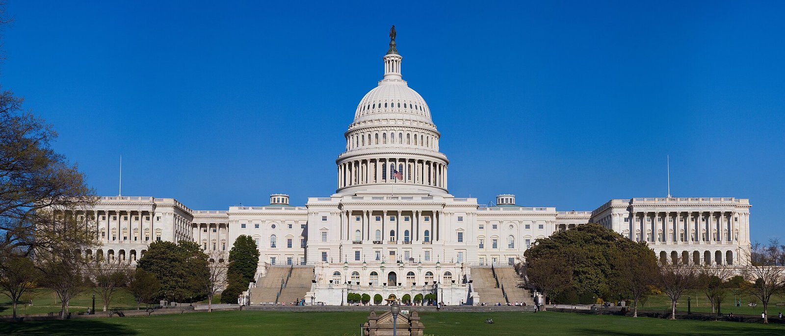 U.S. Capitol building with its white dome against a clear blue sky and manicured grounds in front