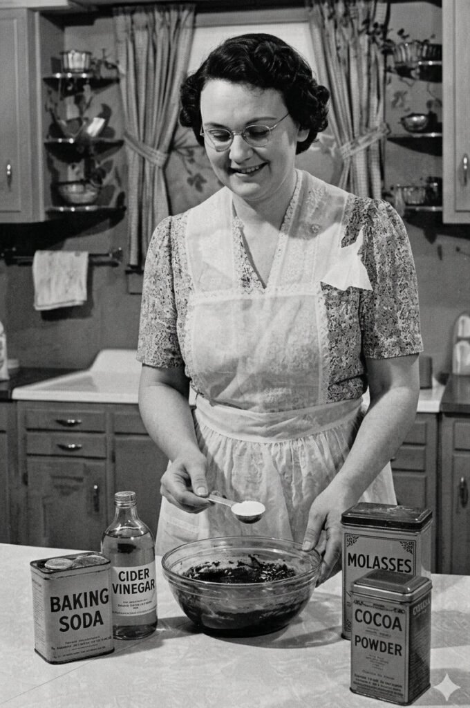Woman in a vintage kitchen measures ingredients for baking, with bowls and labeled tins (baking soda, cocoa powder, molasses, cider vinegar) on the counter.