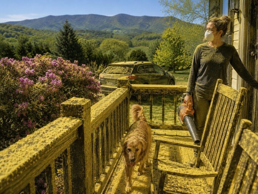 Woman wearing a mask on a muddy porch with a leaf blower while a muddy dog stands nearby as a dusty car sits in the background with mountains and pink flowers beyond.