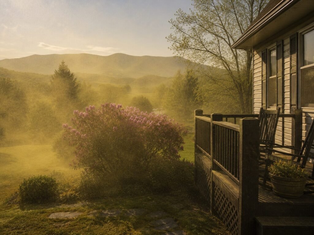 Wooden house porch with rocking chairs and a potted plant, a pink flowering shrub in a hazy golden garden at sunset.