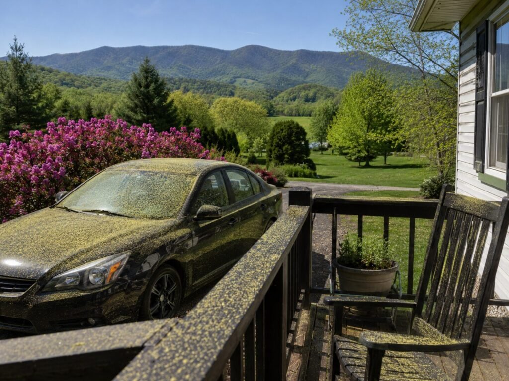Black sedan parked on a wooden porch, thickly coated in yellow pollen, with pink flowers and green hills in the background.