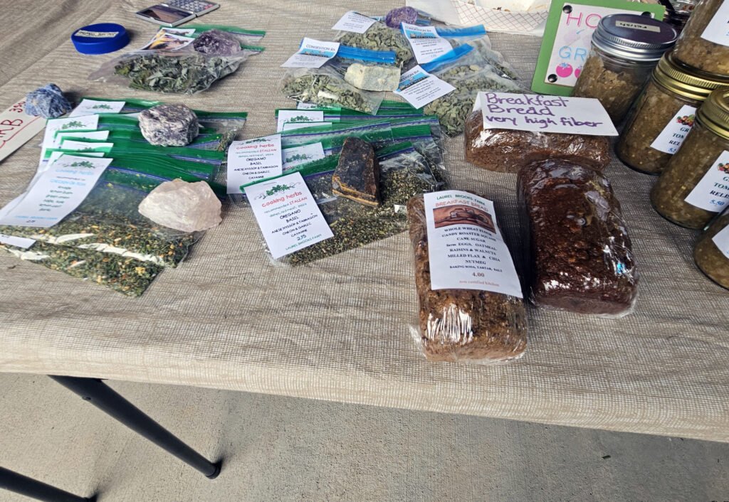 A variety of cooking herbs, breads, relishes, sauces. and preserves.
