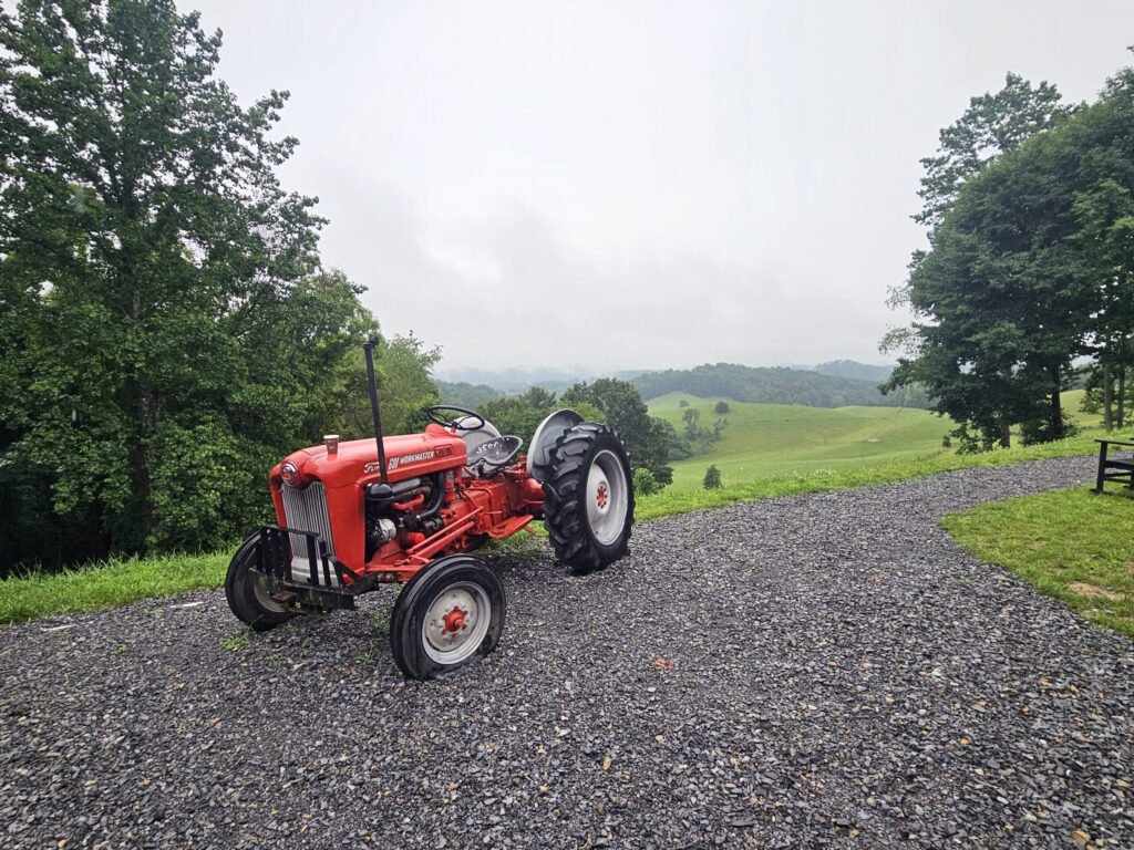 A tractor adorns the grounds of the Squabble State Hard Cider and Spirits Company