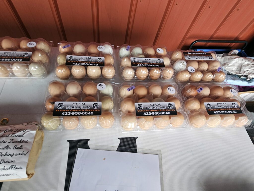 Egg cartons of brown eggs lined up on a grocery store shelf with CFLM Farms LLC labels and a phone number visible.