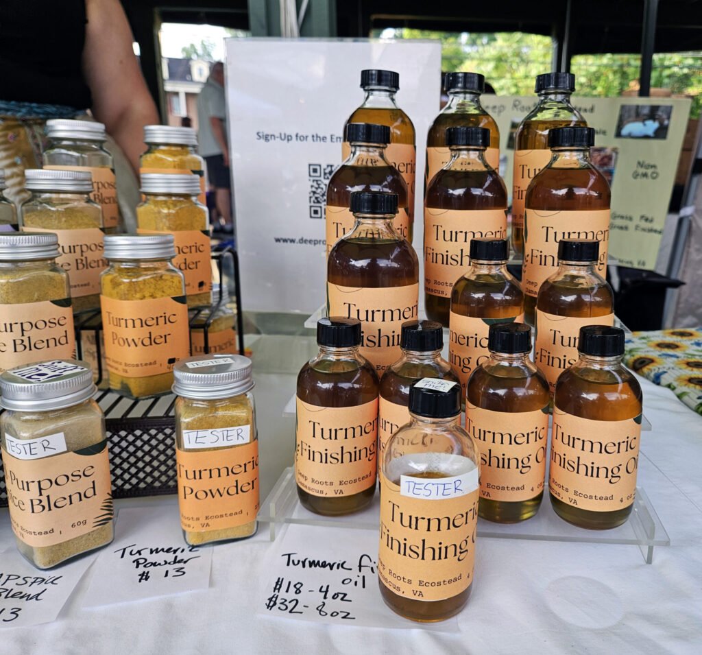 20260718_081912 - Appalachian Highlands Farmers Magazine Rows of turmeric finishing powder bottles with orange labels on a market stand display