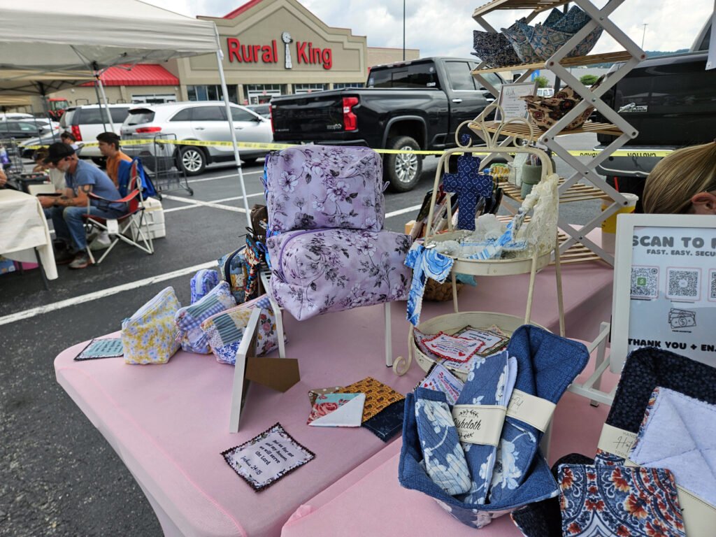 Quilted items, crosses, a seat cover, dish cloths by BJK Creations.