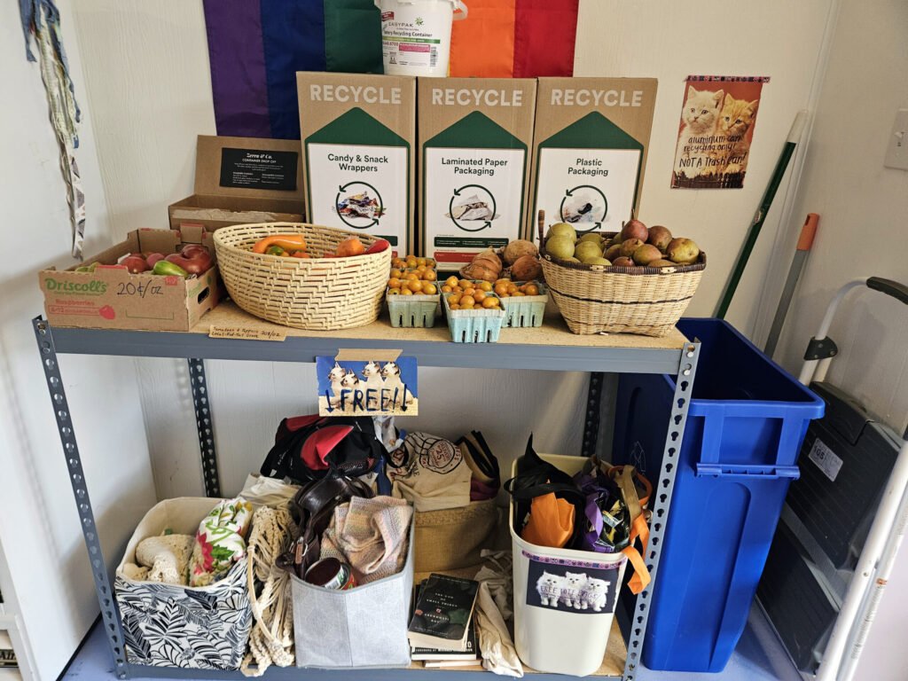 Locally grown produce, recycle containers, and reusable bags at Patchwork Provisions