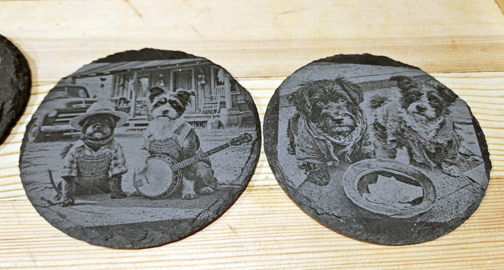 Daisy and Scruffy as country folks in front of a cabin with Scruffy holding a banjo