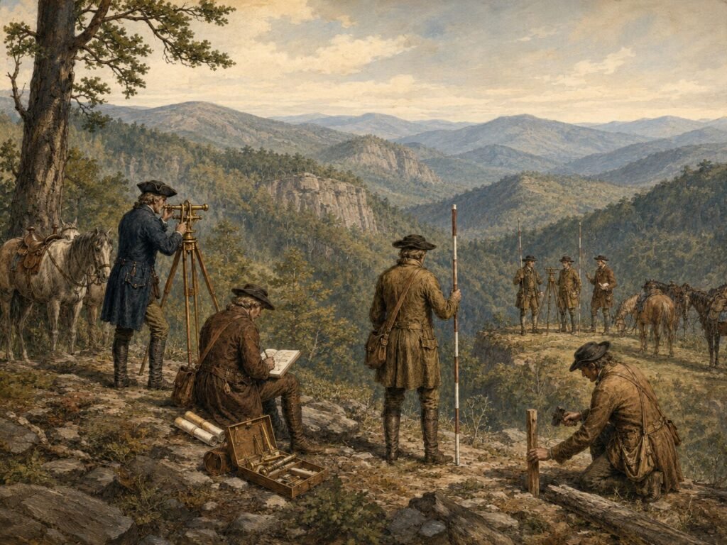 An illustration of the surveying of the area that would become known as the Squabble State