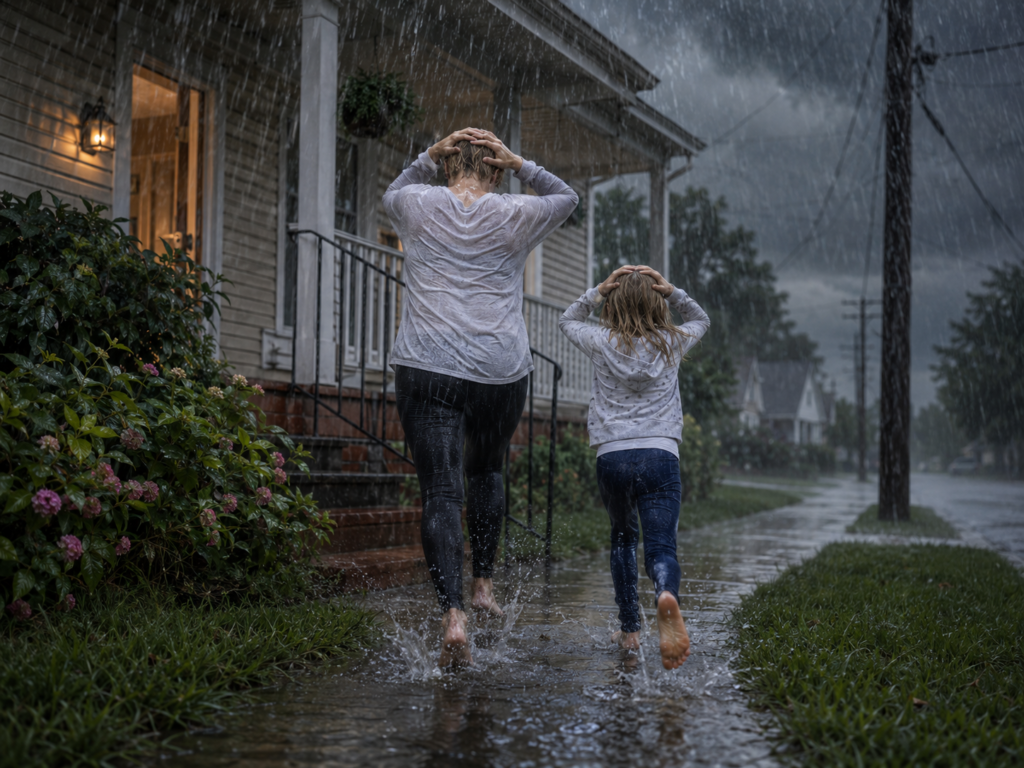 Running from the cloudburst into the house - Illustration
