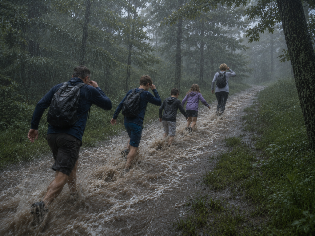 Double-timing it down the mountain in the rain - Illustration