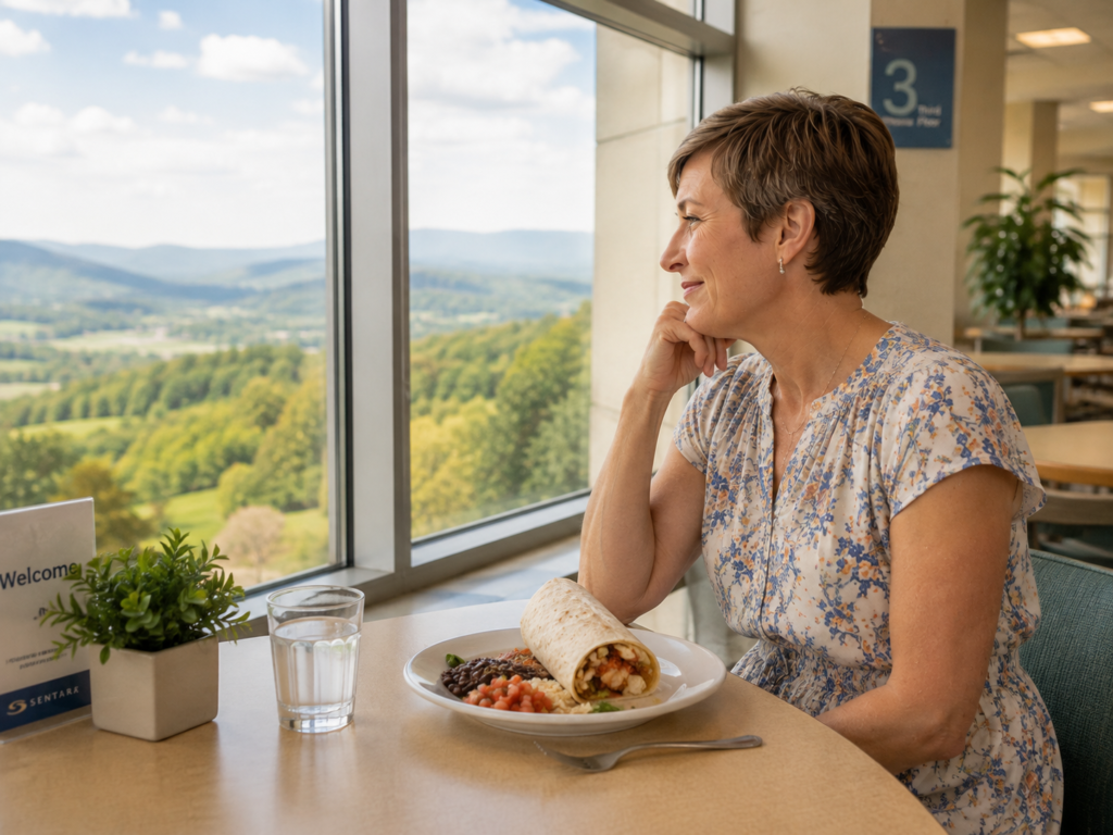 Pianist sitting at a hospital cafeteria table reflecting on a nice experience