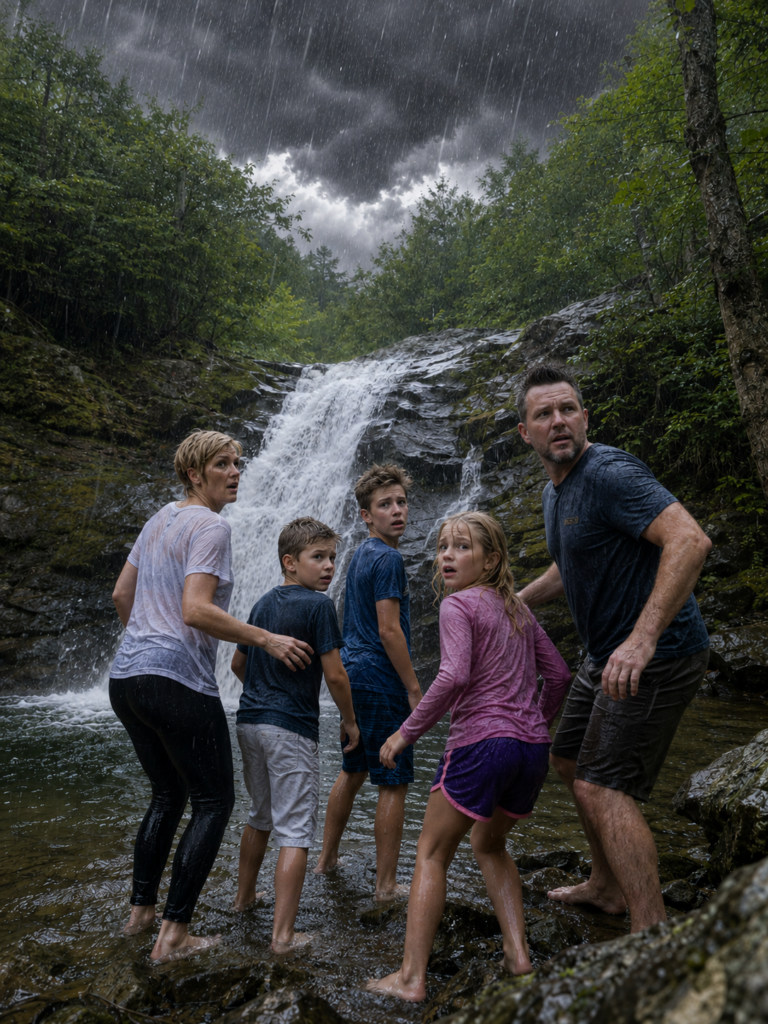 Rain starts up at the swimming hole at St. Mary's Wilderness Trail - Illustration