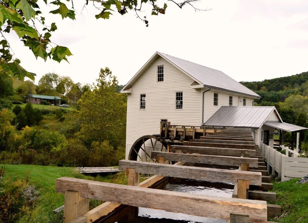 White's Mill restored. Showing the water wheel and the rebuilt flume at White's Mill