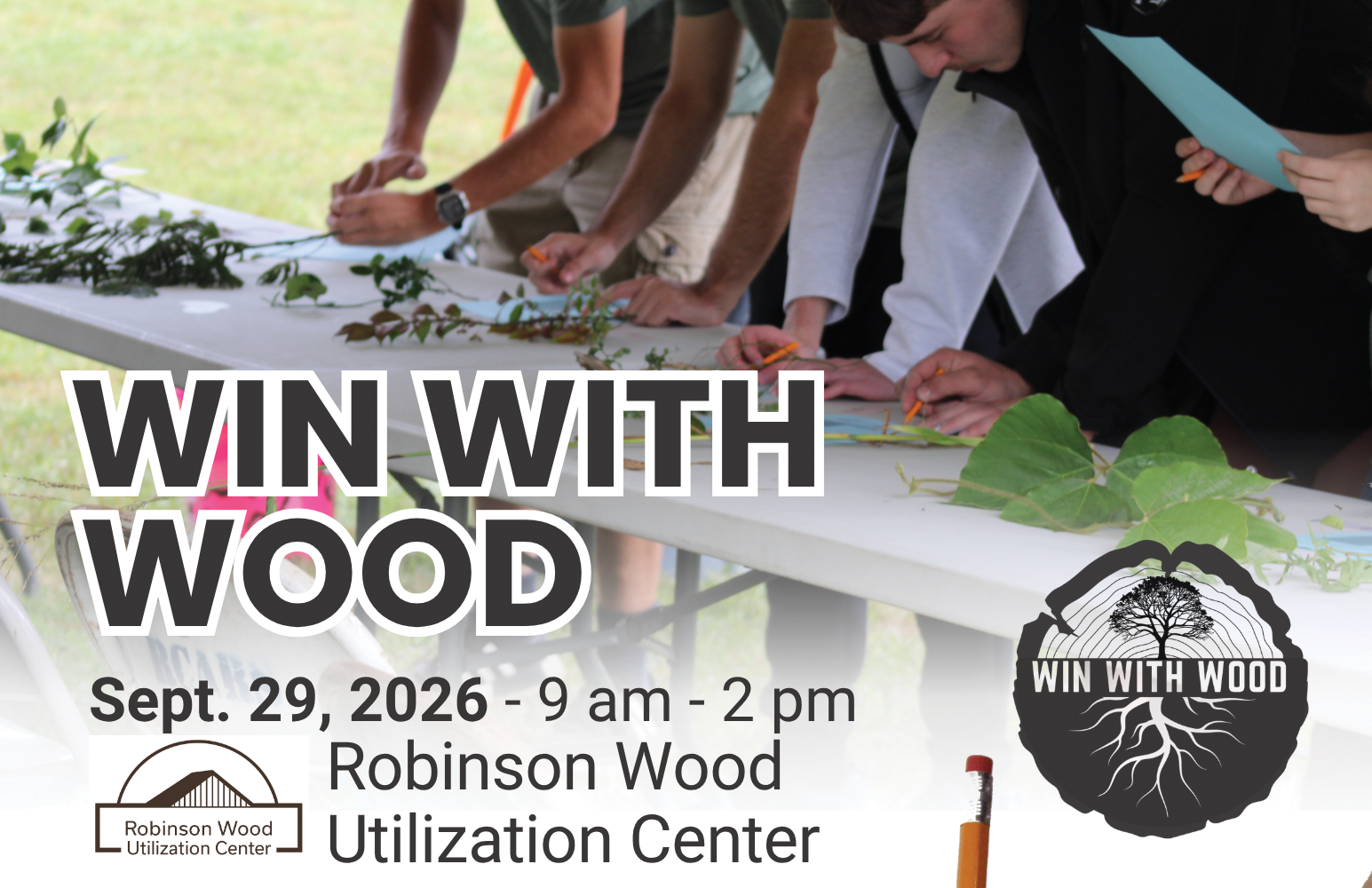 Promotional banner for 'Win With Wood' event with people sketching leaves on a table outdoors, featuring the event date and location.