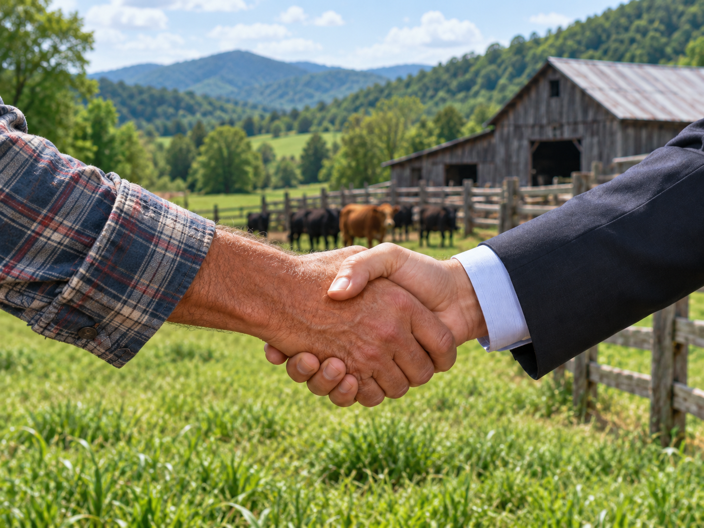 Farm Entrepreneurship and Risk Management Two people shake hands in a rural farm setting, with cows grazing and a barn in the background. - Farm Entrepreneurship and Risk Management