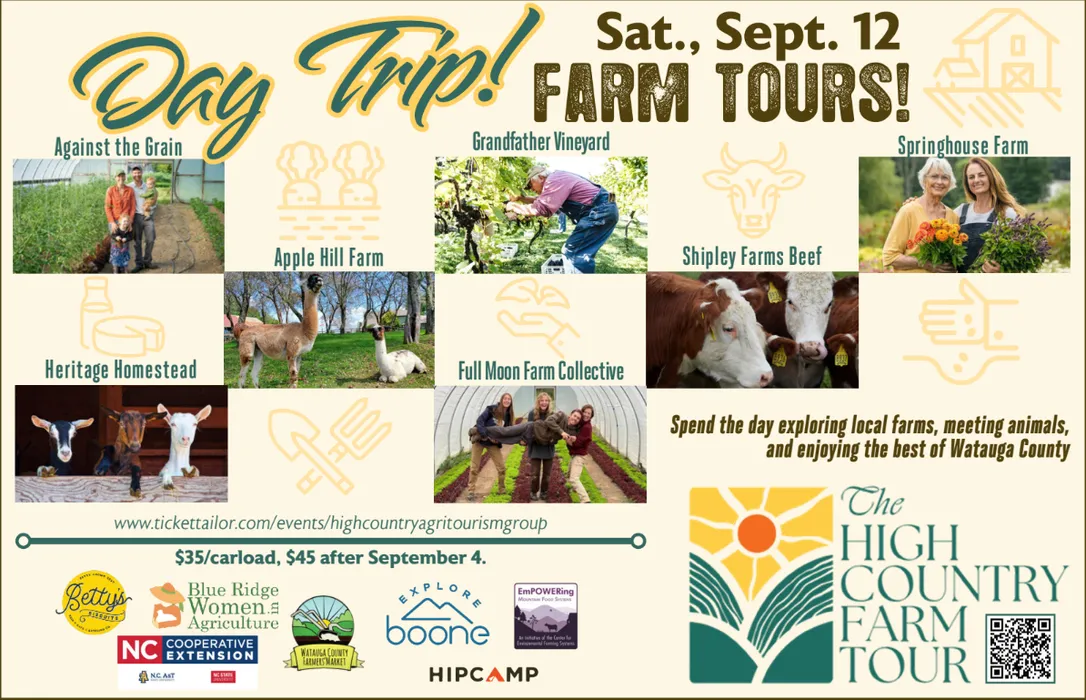 Poster for Day Trip Farm Tours on Sat, Sept 12, with photos and logos of local farms and animals.