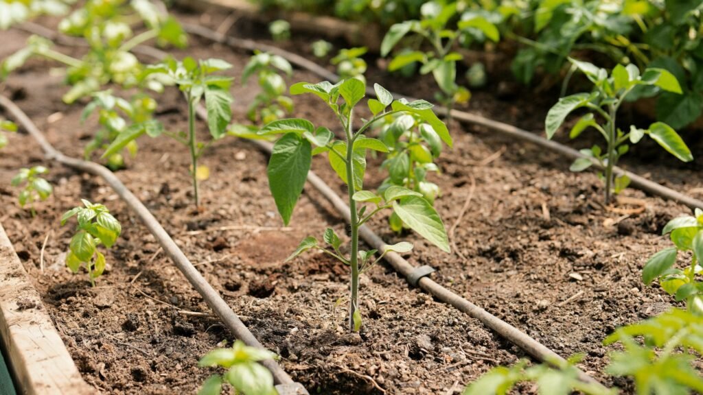 Young tomato seedlings growing in a garden bed with drip irrigation tubing running between rows. - WaterSmart NC irrigation workshop