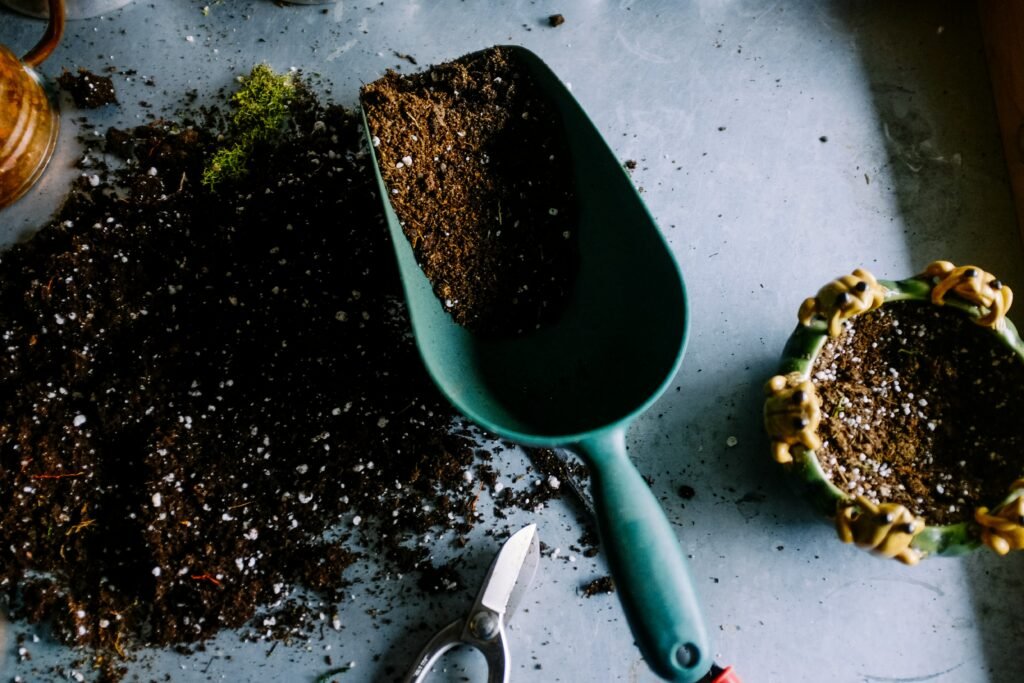 Top-down view of a gardening workspace: spilled potting soil, a green scoop, scissors, and potted plants on a blue surface. - Photo by Neslihan-Gunaydin - Soil Test Results