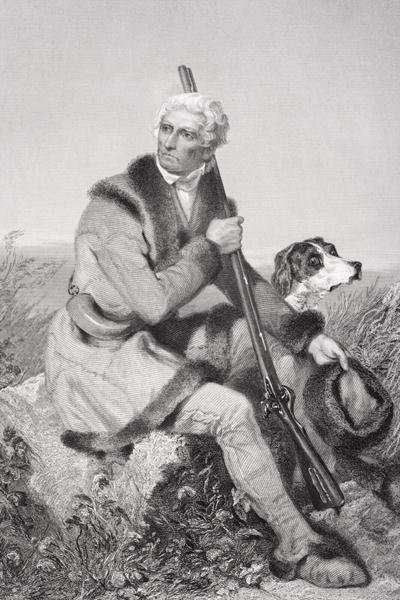 base_13196651 - Appalachian Highlands Farmers Magazine 19th-century hunter sitting in a field with a rifle resting on his knee, accompanied by a dog at his side, wearing a fur-trimmed coat. Daniel Boone